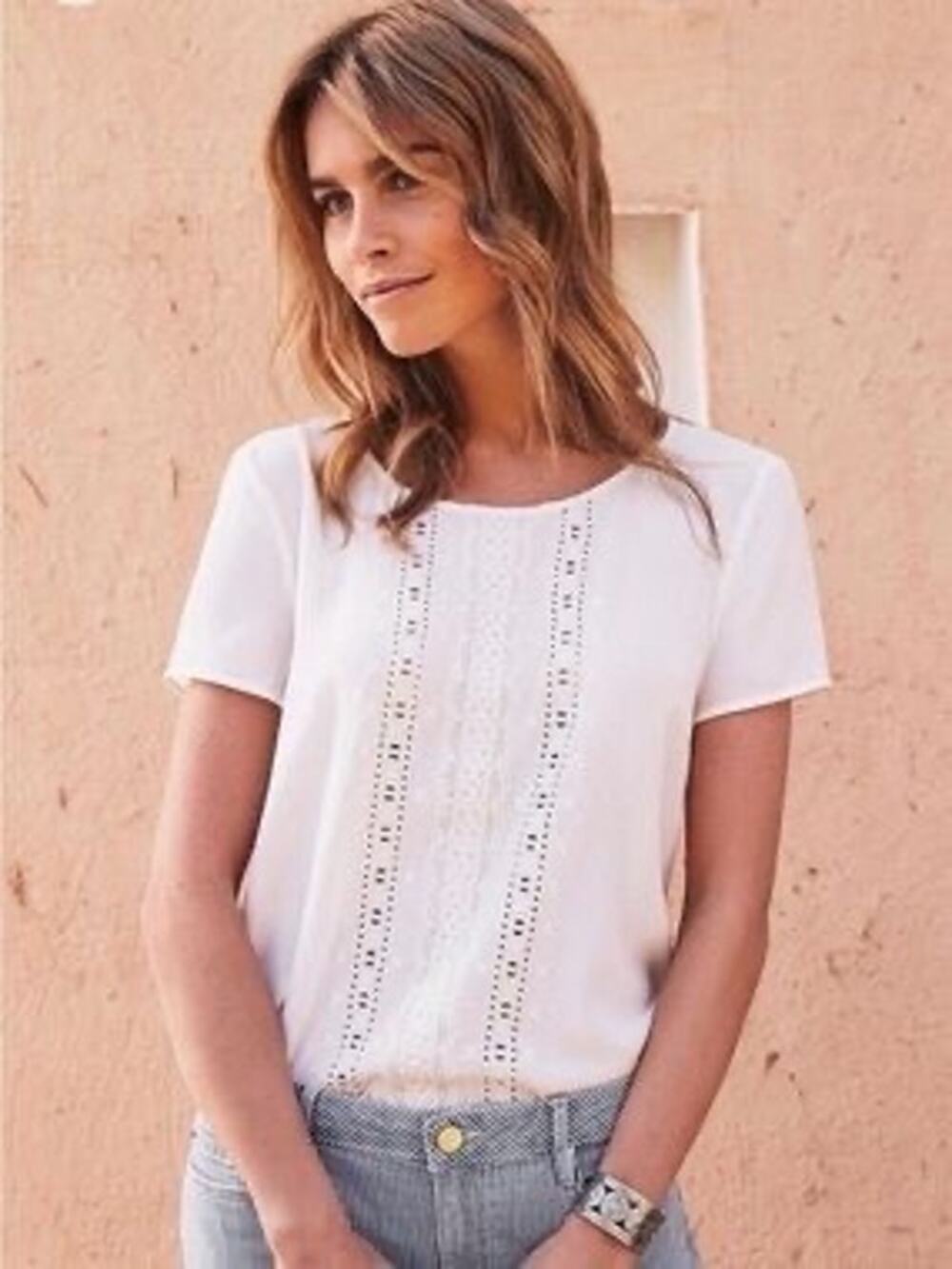 Sézane Ivory Silk Eyelet Short Sleeve Blouse 34 FR 2 US